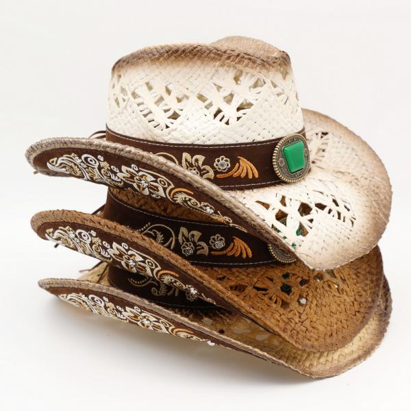 UNDERSIDE PATTERN, FLORAL EMBROIDERY AND RHINESTONE, GREEN STONE BAND