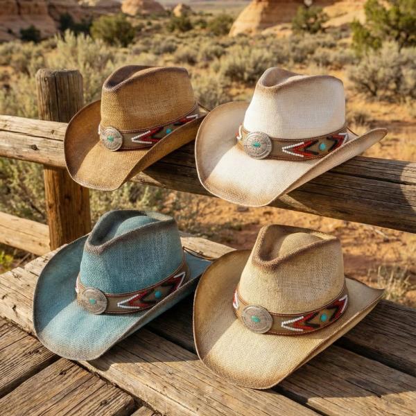 VINTAGE WESTERN STRAW HAT WITH BEADED BAND & TURQUOISE CONCHO