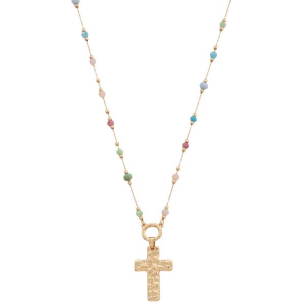 HAMMERED METAL CROSS BEADED STATION NECKLACE