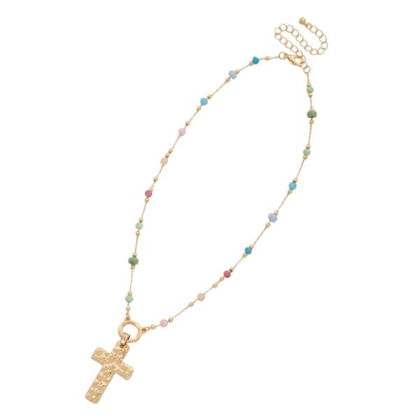 HAMMERED METAL CROSS BEADED STATION NECKLACE