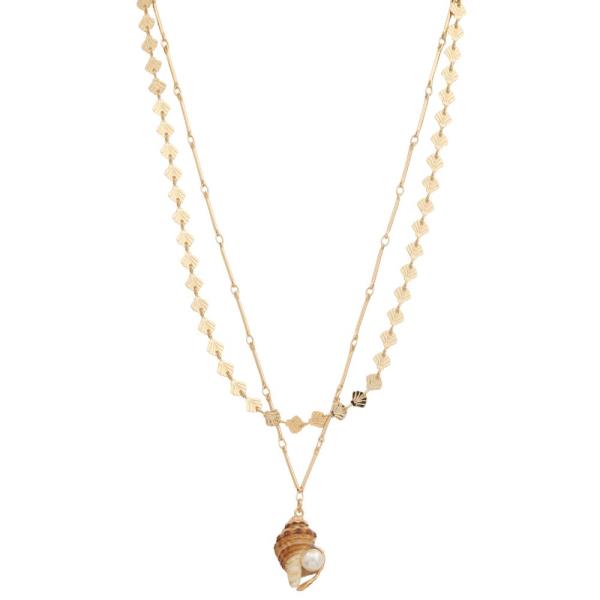 SEASHELL PEARL BEAD LAYERED METAL LINK NECKLACE