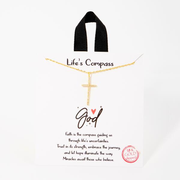 18K GOLD RHODIUM LIFE`S COMPASS CROSS PENDANT NECKLACE