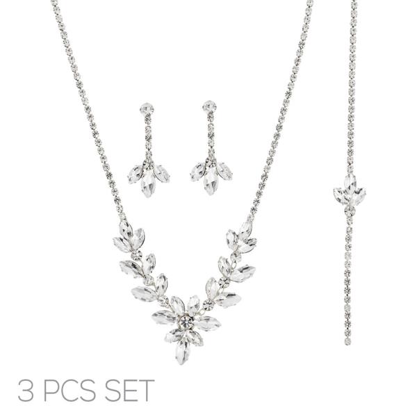 RHINESTONE MARQUISE LEAF 3 PC NECKLACE EARRING SET
