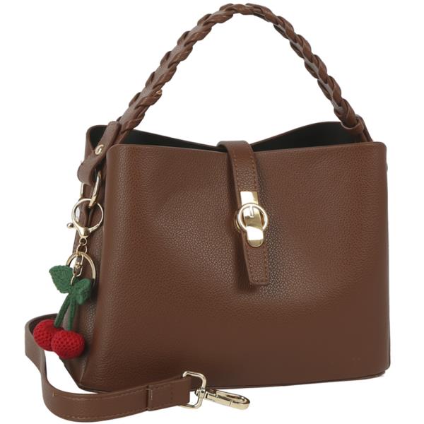 TEXTURED DESIGN HANDLE BAG W CHERRY KEYCHAIN