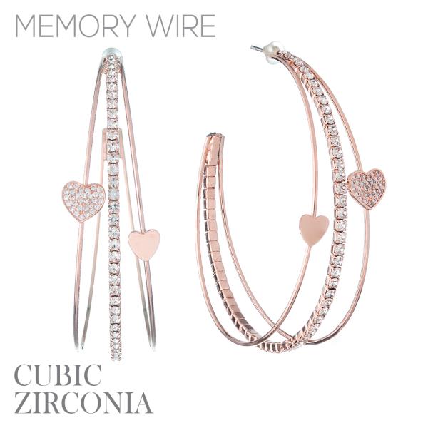 CZ RHINESTONE LAYERED HEART WIRE HOOP EARRING