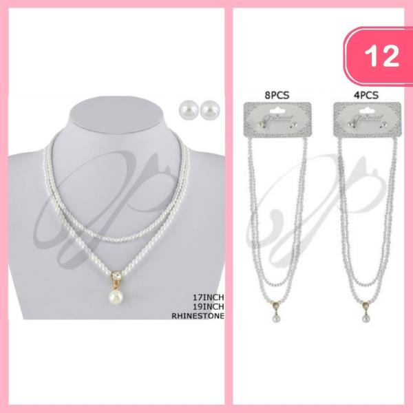 RHINESTONE LAYERED PEARL PENDANT NECKLACE (12 UNITS)