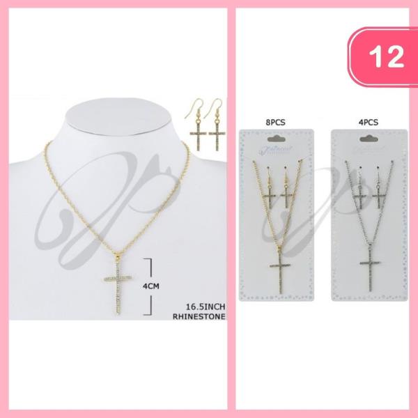 RHINESTONE CROSS PENDANT NECKLACE EARRING SET (12 UNITS)