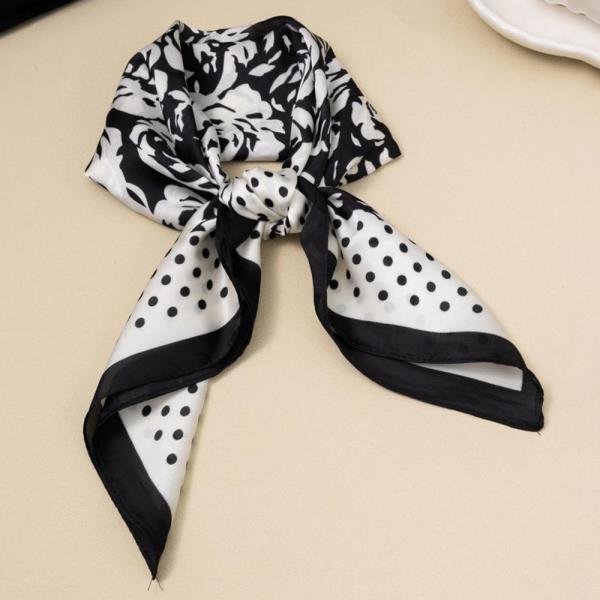 FLOWER POLKA DOT CONTRAST SILKY BANDANA SQUARE NECK SCARF