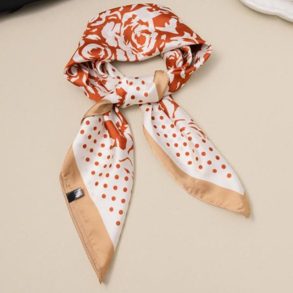 FLOWER POLKA DOT CONTRAST SILKY BANDANA SQUARE NECK SCARF