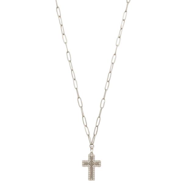 STAINLESS STEEL CZ CROSS PENDANT NECKLACE