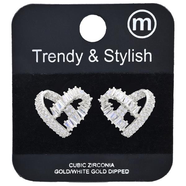 BRASS BAGUETTE CZ HEART POST EARRING