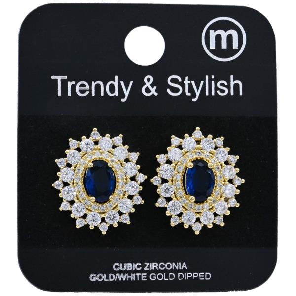 BRASS OVAL SAPPHIRE CZ HALO CZ POST EARRING