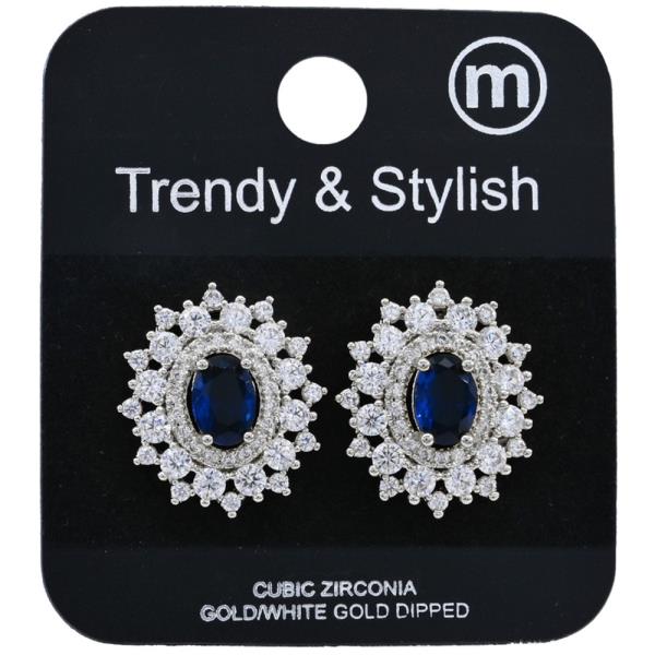 BRASS OVAL SAPPHIRE CZ HALO CZ POST EARRING