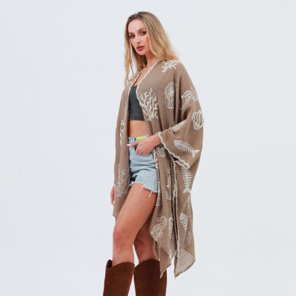 SEAHORSE CORAL SEASHELL EMBROIDERED KIMONO - SPRING SUMMER OCEAN THEME