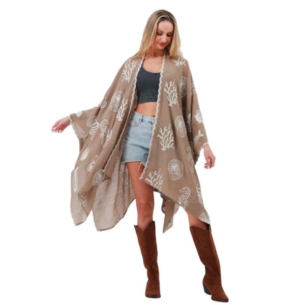 SEAHORSE CORAL SEASHELL EMBROIDERED KIMONO - SPRING SUMMER OCEAN THEME