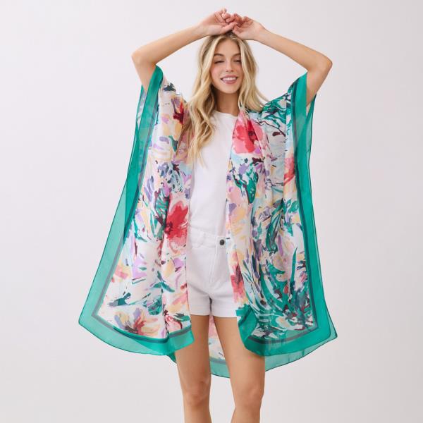 ABSTRACT FLORAL  PRINT SILKY FEEL KIMONO