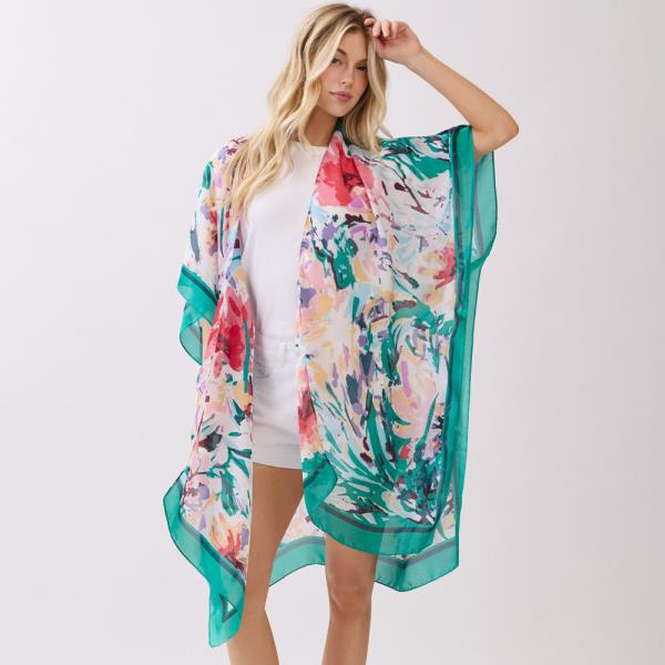 ABSTRACT FLORAL  PRINT SILKY FEEL KIMONO