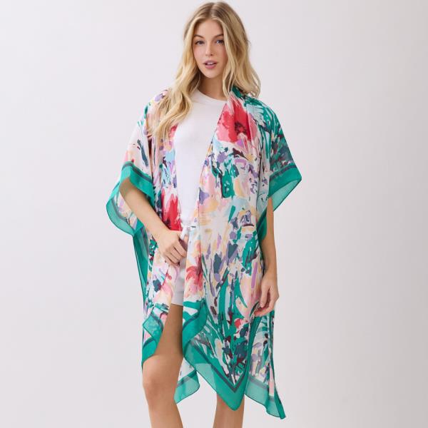 ABSTRACT FLORAL  PRINT SILKY FEEL KIMONO