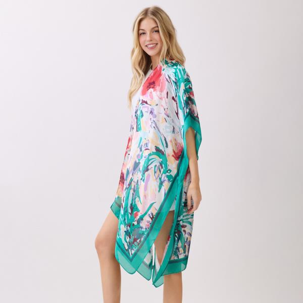 ABSTRACT FLORAL  PRINT SILKY FEEL KIMONO