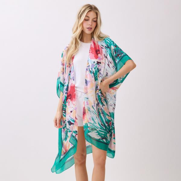 ABSTRACT FLORAL  PRINT SILKY FEEL KIMONO