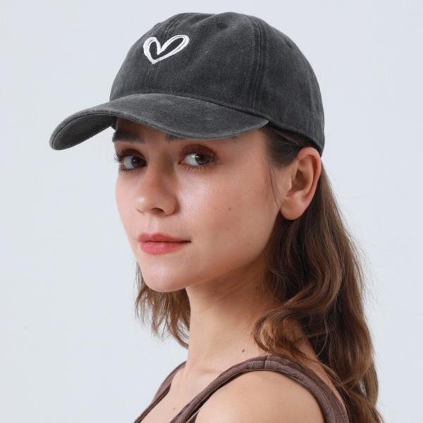 HEART EMBROIDERED WASHED BASEBALL CAP - ADJUSTABLE FIT