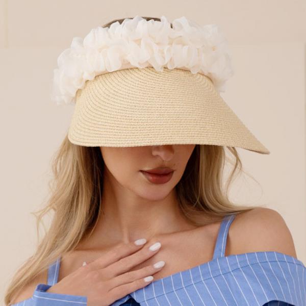 PAPER STRAW SUN VISOR HAT WITH WIDE BRIM AND SOFT FABRIC RUFFLE TRIM DETAIL