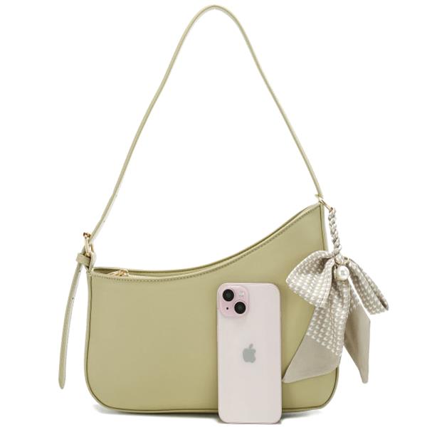 SMOOTH CURVE SHAPE SHOULDER BAG W PEARL RIBBON KEYCHAIN