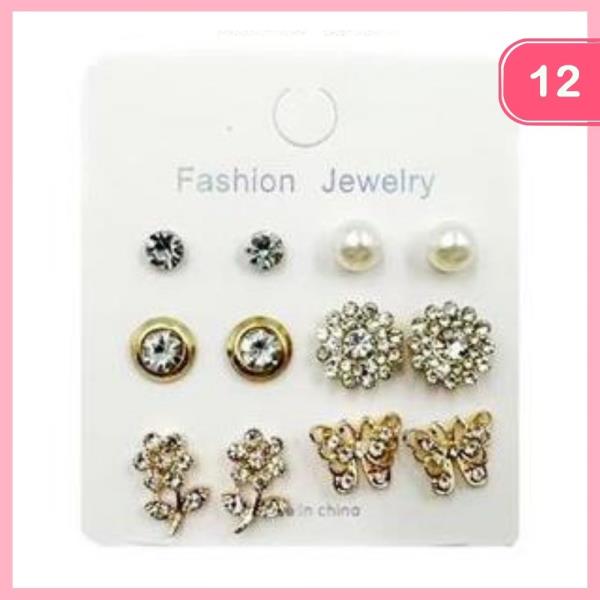 MIXED BUTTERFLY FLOWER PEARL RHINESTONE POST EARRING (12 UNITS)