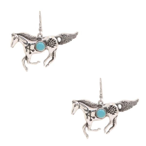 HORSE TURQUOISE BEAD METAL DANGLE EARRING