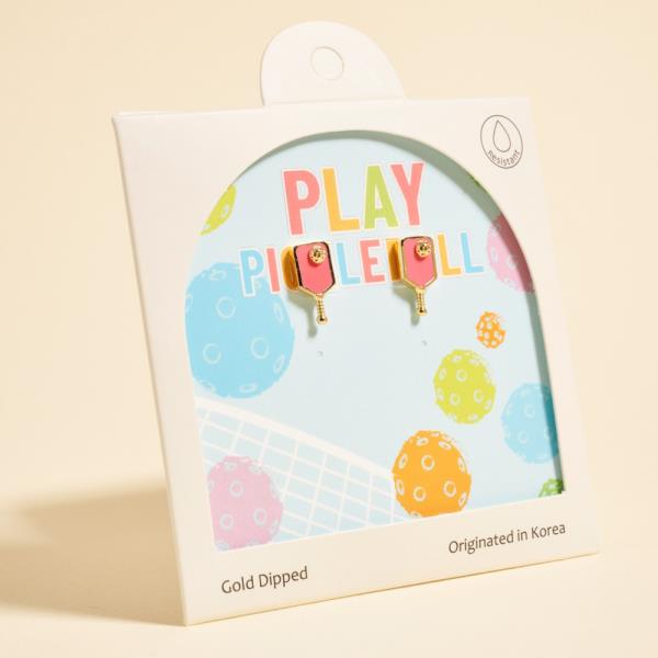 PICKLEBALL SHAPED GOLD-DIPPED 925 SILVER POST EARRING WATER RESISTANT