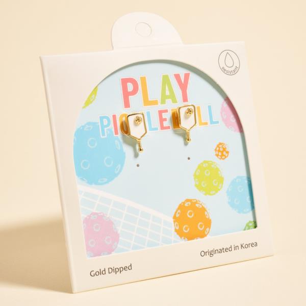 PICKLEBALL SHAPED GOLD-DIPPED 925 SILVER POST EARRING WATER RESISTANT