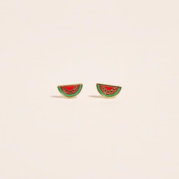 WATERMELON SHAPED GOLD-DIPPED 925 SILVER POST EARRING WATER RESISTANT