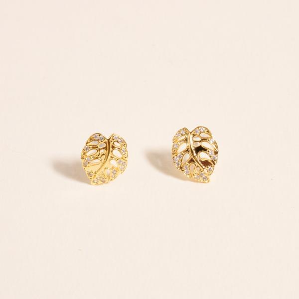 MONSTERA SHAPED GOLD-DIPPED 925 SILVER POST EARRING WATER RESISTANT