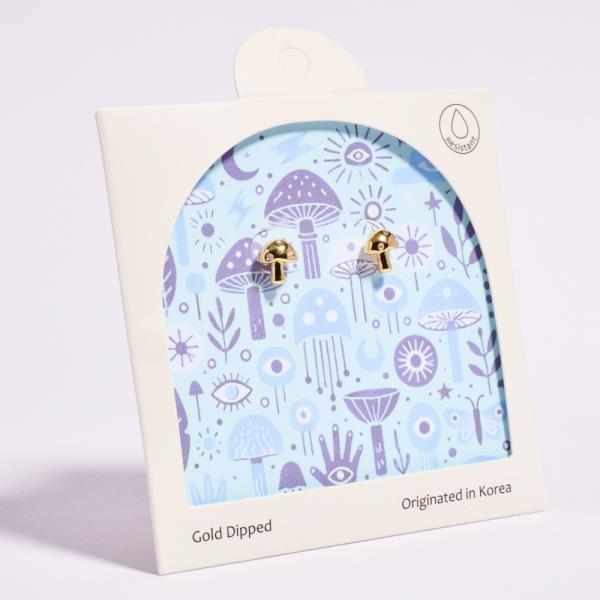 MUSHROOM SHAPED GOLD-DIPPED 925 SILVER POST EARRINGS WATER RESISTANT