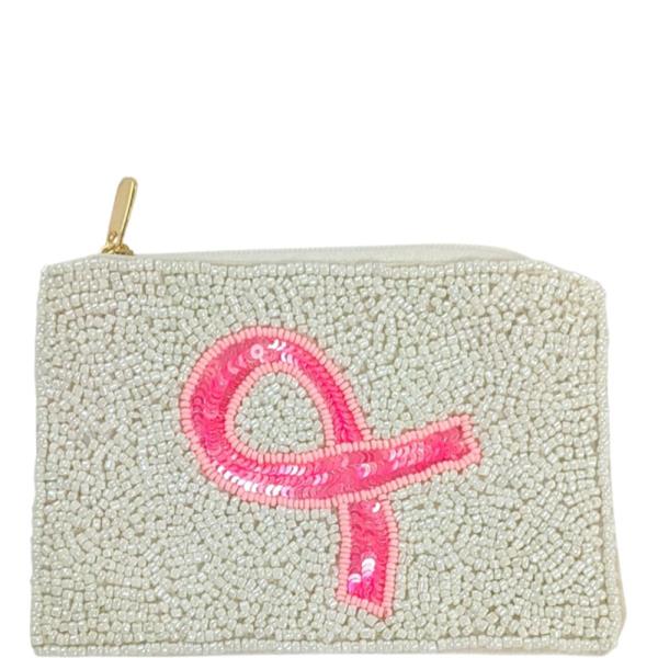SEED BEAD BREAST CANCER RIBBON COIN PURSE POUCH BAG