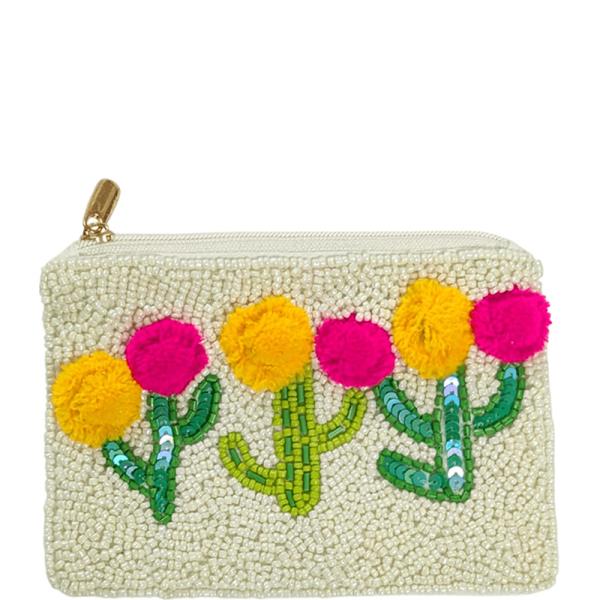 SEED BEAD FLOWER CACTUS COIN PURSE POUCH BAG