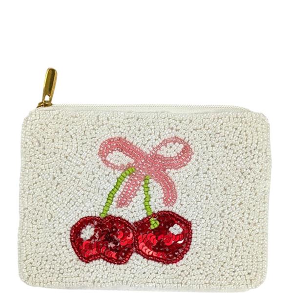 SEED BEAD CHERRY BOW COIN PURSE POUCH BAG