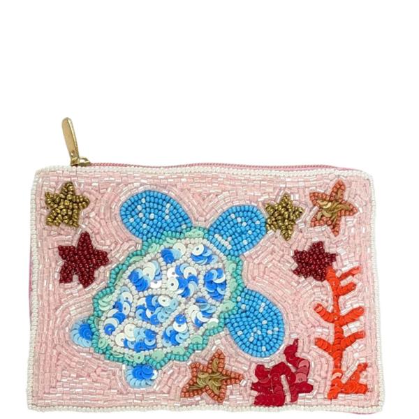SEED BEAD SEALIFE TURTLE STARFISH COIN PURSE POUCH BAG