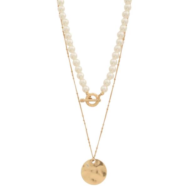 COIN PEARL BEAD TOGGLE CLASP LAYERED NECKLACE