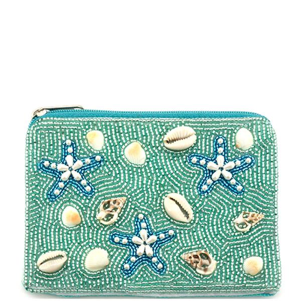 SEED BEAD SHELL STARFISH ZIPPER POUCH COIN PURSE BAG