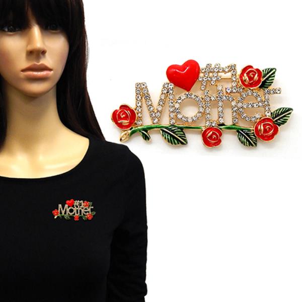 MOTHER DAY BROOCH DECORATED WITH A RED HEART, MINIATURE ROSES, AND CRYSTAL-EMBELLISHED TEXT