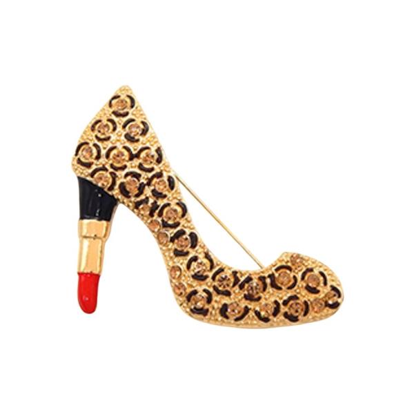 HIGH-HEEL SHOE BROOCH ADORNED WITH CRYSTALS AND A UNIQUE LIPSTICK-SHAPED HEEL