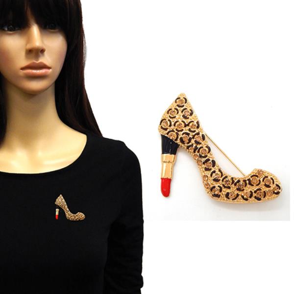HIGH-HEEL SHOE BROOCH ADORNED WITH CRYSTALS AND A UNIQUE LIPSTICK-SHAPED HEEL