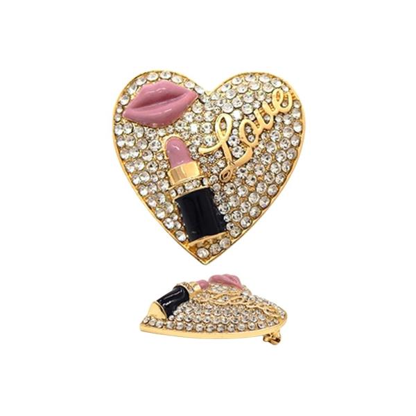 RINESTONE HEART SHAPE BROOCH WITH EPOXY LIPSTICK AND LOVE