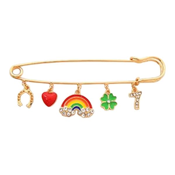LUCKY CHARM DANGLING ON SAFETY PIN BROOCH