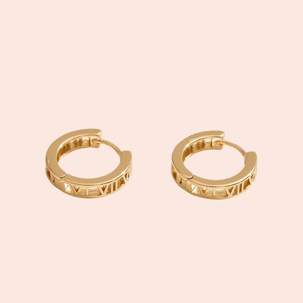 14K GOLD DIPPED ROMAN NUMERAL HUGGIE HOOP EARRING