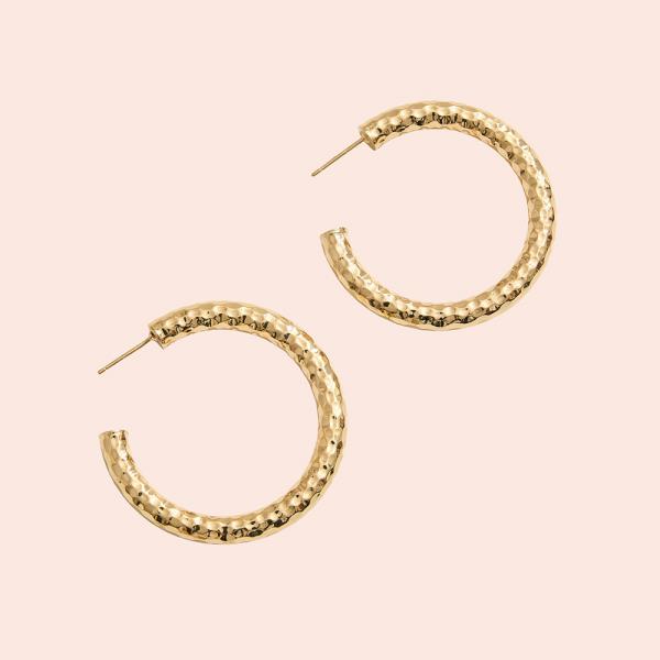 14K GOLD DIPPED HAMMERED TEXTURED POST HOOP EARRING