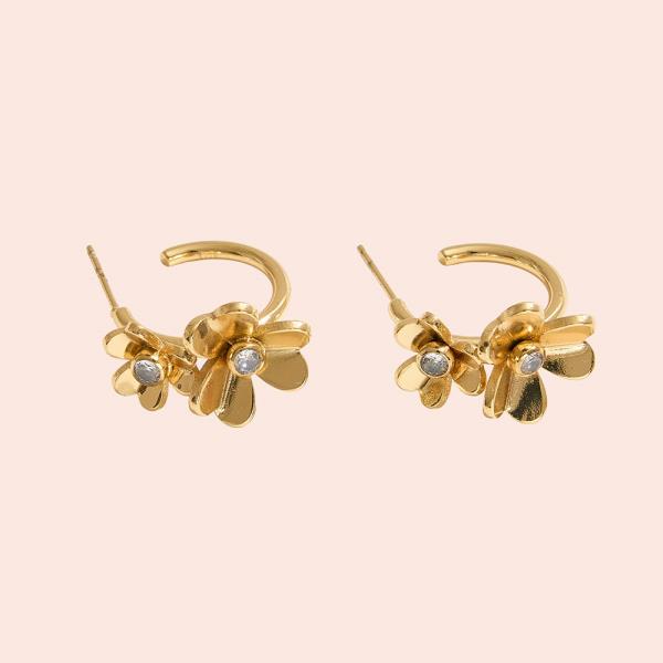 14K GOLD DIPPED CZ DUAL FLOWER POST HOOP EARRING