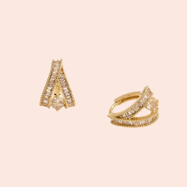 14K GOLD DIPPEZ CZ DOUBLE ROW HUGGIE HOOP EARRING