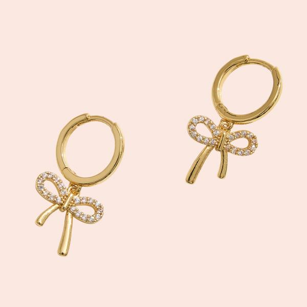 14K GOLD DIPPED RIBBON DANGLE CZ HUGGIE EARRING